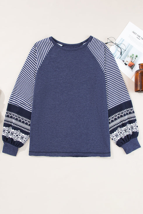 Contrast Print Striped Raglan Crew Neck Loose Long Sleeve Top